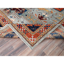 Load image into Gallery viewer, 10&#39;x10&#39; Krypton Gray, Blue Border, Hand Knotted Armenian Inspired Kazak All Over Birds Figurines, 200kpsi, Pure Wool And Natural Dyes, Densely Woven Square Oriental Rug FWR518496