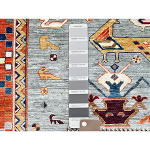 10'x10' Krypton Gray, Blue Border, Hand Knotted Armenian Inspired Kazak All Over Birds Figurines, 200kpsi, Pure Wool And Natural Dyes, Densely Woven Square Oriental Rug FWR518496