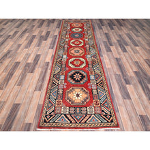 Load image into Gallery viewer, 2&#39;8&quot;x9&#39;9&quot; Bolero Red And Delft Blue, Special Kazak With Colorful Geometric Medallions, Natural Dyes, 100% Wool, Hand Knotted, Runner Oriental Rug FWR518694