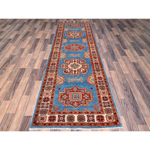 Load image into Gallery viewer, 2&#39;10&quot;x9&#39;7&quot; Jelly Bean Blue With Huntington White, Afghan Special Kazak With Large Elements, Densely Woven Vegetable Dyes, Hand Knotted Soft Wool Oriental Runner Rug FWR518712