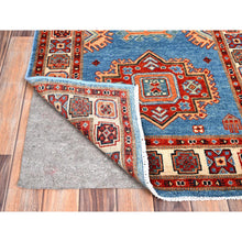 Load image into Gallery viewer, 2&#39;10&quot;x9&#39;7&quot; Jelly Bean Blue With Huntington White, Afghan Special Kazak With Large Elements, Densely Woven Vegetable Dyes, Hand Knotted Soft Wool Oriental Runner Rug FWR518712