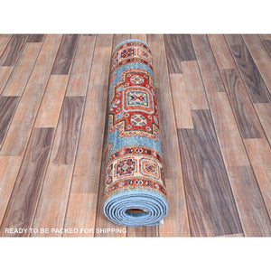 2'10"x9'7" Jelly Bean Blue With Huntington White, Afghan Special Kazak With Large Elements, Densely Woven Vegetable Dyes, Hand Knotted Soft Wool Oriental Runner Rug FWR518712