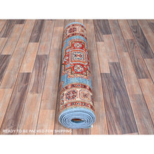 Load image into Gallery viewer, 2&#39;10&quot;x9&#39;7&quot; Jelly Bean Blue With Huntington White, Afghan Special Kazak With Large Elements, Densely Woven Vegetable Dyes, Hand Knotted Soft Wool Oriental Runner Rug FWR518712