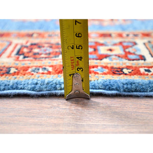 2'10"x9'7" Jelly Bean Blue With Huntington White, Afghan Special Kazak With Large Elements, Densely Woven Vegetable Dyes, Hand Knotted Soft Wool Oriental Runner Rug FWR518712