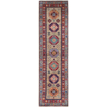 Load image into Gallery viewer, 2&#39;7&quot;x9&#39;8&quot; Linen Beige, Afghan Special Kazak with Colorful Geometric Pattern, Multiple Border, Shiny Wool, Hand Knotted Natural Dyes, Densely Woven Runner Oriental Rug FWR518760