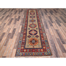 Load image into Gallery viewer, 2&#39;7&quot;x9&#39;8&quot; Linen Beige, Afghan Special Kazak with Colorful Geometric Pattern, Multiple Border, Shiny Wool, Hand Knotted Natural Dyes, Densely Woven Runner Oriental Rug FWR518760