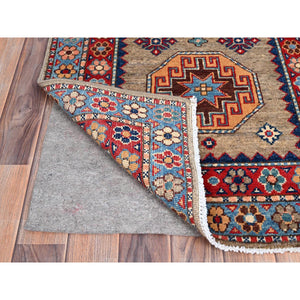 2'7"x9'8" Linen Beige, Afghan Special Kazak with Colorful Geometric Pattern, Multiple Border, Shiny Wool, Hand Knotted Natural Dyes, Densely Woven Runner Oriental Rug FWR518760