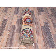Load image into Gallery viewer, 2&#39;7&quot;x9&#39;8&quot; Linen Beige, Afghan Special Kazak with Colorful Geometric Pattern, Multiple Border, Shiny Wool, Hand Knotted Natural Dyes, Densely Woven Runner Oriental Rug FWR518760