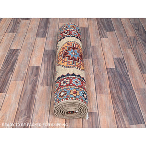 2'7"x9'8" Linen Beige, Afghan Special Kazak with Colorful Geometric Pattern, Multiple Border, Shiny Wool, Hand Knotted Natural Dyes, Densely Woven Runner Oriental Rug FWR518760