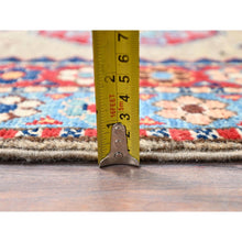 Load image into Gallery viewer, 2&#39;7&quot;x9&#39;8&quot; Linen Beige, Afghan Special Kazak with Colorful Geometric Pattern, Multiple Border, Shiny Wool, Hand Knotted Natural Dyes, Densely Woven Runner Oriental Rug FWR518760