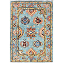 Load image into Gallery viewer, 2&#39;8&quot;x4&#39; French Pass Blue, Vegetable Dyes, Hand Knotted, Special Kazak All Over Motifs, Super Fine Wool and Weave, Oriental Rug FWR518772
