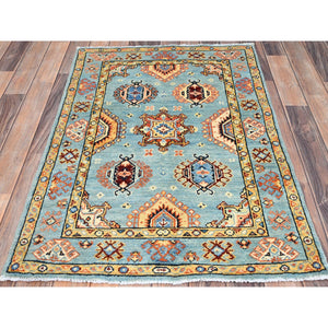 2'8"x4' French Pass Blue, Vegetable Dyes, Hand Knotted, Special Kazak All Over Motifs, Super Fine Wool and Weave, Oriental Rug FWR518772