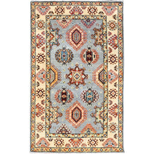 Load image into Gallery viewer, 3&#39;x5&#39; Antarctica Gray and Papaya Whip White, Vegetable Dyes, Dense Weave 100% Wool, Hand Knotted Afghan Special Kazak with All Over Geometric Medallions, Oriental Rug FWR518778
