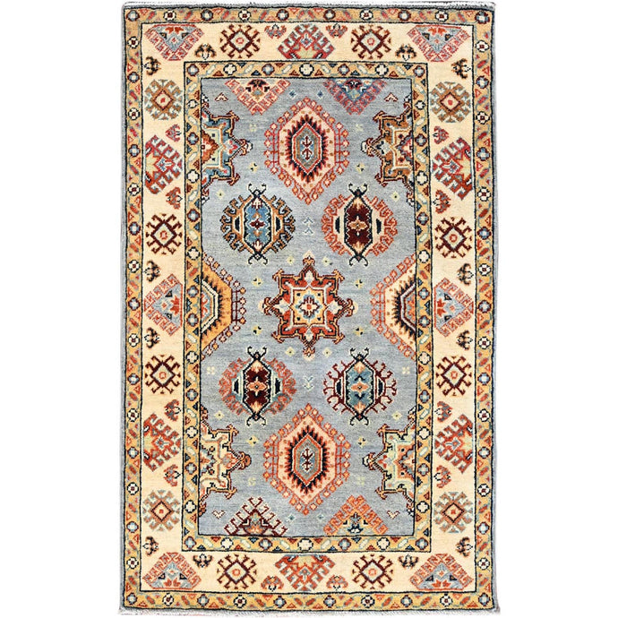 3'x5' Antarctica Gray and Papaya Whip White, Vegetable Dyes, Dense Weave 100% Wool, Hand Knotted Afghan Special Kazak with All Over Geometric Medallions, Oriental Rug FWR518778