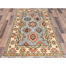 Load image into Gallery viewer, 3&#39;x5&#39; Antarctica Gray and Papaya Whip White, Vegetable Dyes, Dense Weave 100% Wool, Hand Knotted Afghan Special Kazak with All Over Geometric Medallions, Oriental Rug FWR518778