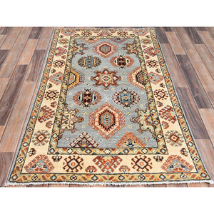 3'x5' Antarctica Gray and Papaya Whip White, Vegetable Dyes, Dense Weave 100% Wool, Hand Knotted Afghan Special Kazak with All Over Geometric Medallions, Oriental Rug FWR518778