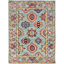 Load image into Gallery viewer, 3&#39;4&quot;x4&#39;6&quot; Aero Blue, Densely Woven and Natural Dyes Special Kazak with All Over Design, Hand Knotted All Wool Oriental Rug FWR518784