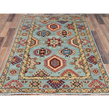 Load image into Gallery viewer, 3&#39;4&quot;x4&#39;6&quot; Aero Blue, Densely Woven and Natural Dyes Special Kazak with All Over Design, Hand Knotted All Wool Oriental Rug FWR518784