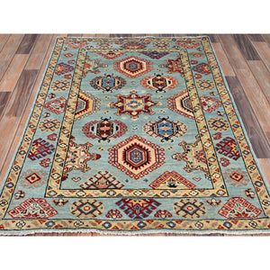 3'4"x4'6" Aero Blue, Densely Woven and Natural Dyes Special Kazak with All Over Design, Hand Knotted All Wool Oriental Rug FWR518784