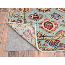 Load image into Gallery viewer, 3&#39;4&quot;x4&#39;6&quot; Aero Blue, Densely Woven and Natural Dyes Special Kazak with All Over Design, Hand Knotted All Wool Oriental Rug FWR518784