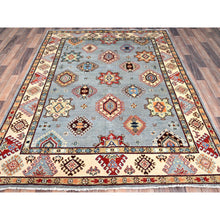 Load image into Gallery viewer, 5&#39;7&quot;x7&#39;5&quot; Poolhouse Gray And Gnocchi Beige, Special Kazak, Geometric Design, Hand Knotted 100% Wool Densely Woven Vegetable Dyes Oriental Rug FWR518820