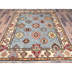 5'7"x7'5" Poolhouse Gray And Gnocchi Beige, Special Kazak, Geometric Design, Hand Knotted 100% Wool Densely Woven Vegetable Dyes Oriental Rug FWR518820