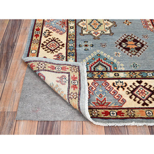5'7"x7'5" Poolhouse Gray And Gnocchi Beige, Special Kazak, Geometric Design, Hand Knotted 100% Wool Densely Woven Vegetable Dyes Oriental Rug FWR518820