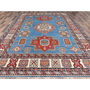 9'x11'8" Cerulean Blue, Special Kazak With All Over Pattern Natural Dyes, Pure Wool Hand Knotted, Oriental Densely Woven Rug FWR518838