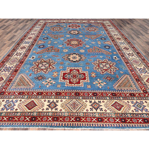 10'x13'8" Crystal Teal Blue, Afghan Special Kazak With All Over Medallions, Natural Dyes, Hand Knotted, Dense Weave Natural Wool, Oriental Rug FWR518850