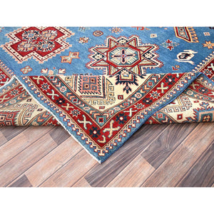10'x13'8" Crystal Teal Blue, Afghan Special Kazak With All Over Medallions, Natural Dyes, Hand Knotted, Dense Weave Natural Wool, Oriental Rug FWR518850