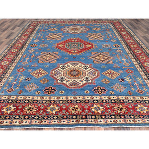 9'2"x11'4" Cobalt Glaze Blue, Special Kazak With Geometric Medallion Design, Hand Knotted, Natural Dyes, Soft Wool Oriental Rug FWR518880