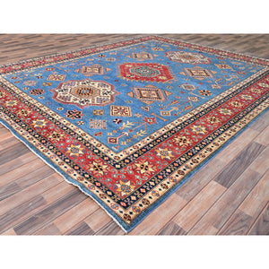 9'2"x11'4" Cobalt Glaze Blue, Special Kazak With Geometric Medallion Design, Hand Knotted, Natural Dyes, Soft Wool Oriental Rug FWR518880