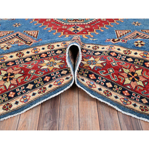 9'2"x11'4" Cobalt Glaze Blue, Special Kazak With Geometric Medallion Design, Hand Knotted, Natural Dyes, Soft Wool Oriental Rug FWR518880