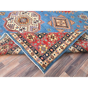 9'2"x11'4" Cobalt Glaze Blue, Special Kazak With Geometric Medallion Design, Hand Knotted, Natural Dyes, Soft Wool Oriental Rug FWR518880