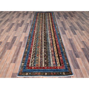 2'10"x9'9" Frosted Almond Ivory, Colorful Dense Weave Pure Wool, Afghan Super Kazak with Shawl Design, Hand Knotted Vegetable Dyes Runner Oriental Rug FWR518916