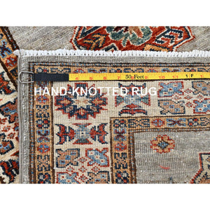 2'8"x22'6" Moon Gray with Heat White, Afghan Super Kazak with Large Geometric Medallions Pattern 100% Wool, Densely Woven Natural Dyes, Hand Knotted, Oriental XL Runner Rug FWR518946