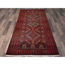 Load image into Gallery viewer, 3&#39;x6&#39;1&quot; Scarlet Red, Vintage Persian Baluch with Geometric Pattern, Shaved Low, Zero Pile, Worn and Distressed, Sides and Ends Professionally Secured, Hand Knotted, 100% Wool, Wide Runner, Oriental Rug 64 FWR5184