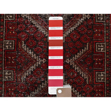 Load image into Gallery viewer, 3&#39;x6&#39;1&quot; Scarlet Red, Vintage Persian Baluch With Geometric Pattern, Shaved Low, Zero Pile, Worn And Distressed, Sides And Ends Professionally Secured, Hand Knotted, 100% Wool, Wide Runner, Oriental Rug FWR5184