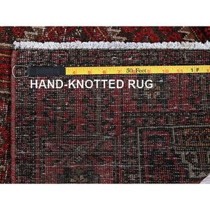 3'x6'1" Scarlet Red, Vintage Persian Baluch With Geometric Pattern, Shaved Low, Zero Pile, Worn And Distressed, Sides And Ends Professionally Secured, Hand Knotted, 100% Wool, Wide Runner, Oriental Rug FWR5184