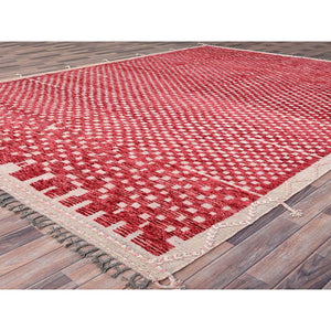 9'1"x12'5" Chilli Pepper Red With Narrow Border, Hand Knotted, 100% Wool, All Over Grid Design, Marmoucha Inspired Moroccan Oriental Rug FWR519000
