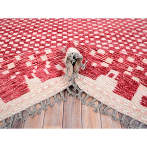 9'1"x12'5" Chilli Pepper Red With Narrow Border, Hand Knotted, 100% Wool, All Over Grid Design, Marmoucha Inspired Moroccan Oriental Rug FWR519000