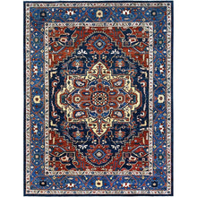 Load image into Gallery viewer, 9&#39;2&quot;x11&#39;8&quot; Space Cadet Blue, Densely Woven Extra Soft Wool, Hand Knotted With Large Centre Geometric Element, Natural Dyes With Carnelian Red Corners, Afghan Peshawar Serapi Heriz, Oriental Rug FWR519060