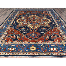 Load image into Gallery viewer, 9&#39;2&quot;x11&#39;8&quot; Space Cadet Blue, Densely Woven Extra Soft Wool, Hand Knotted With Large Centre Geometric Element, Natural Dyes With Carnelian Red Corners, Afghan Peshawar Serapi Heriz, Oriental Rug FWR519060