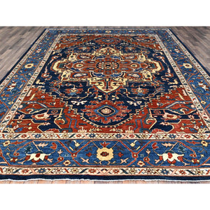 9'2"x11'8" Space Cadet Blue, Densely Woven Extra Soft Wool, Hand Knotted With Large Centre Geometric Element, Natural Dyes With Carnelian Red Corners, Afghan Peshawar Serapi Heriz, Oriental Rug FWR519060