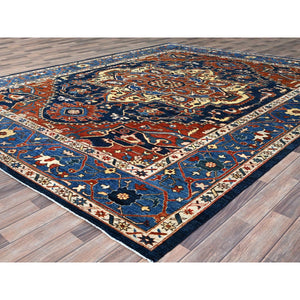 9'2"x11'8" Space Cadet Blue, Densely Woven Extra Soft Wool, Hand Knotted With Large Centre Geometric Element, Natural Dyes With Carnelian Red Corners, Afghan Peshawar Serapi Heriz, Oriental Rug FWR519060