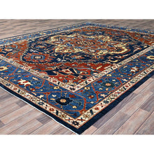 Load image into Gallery viewer, 9&#39;2&quot;x11&#39;8&quot; Space Cadet Blue, Densely Woven Extra Soft Wool, Hand Knotted With Large Centre Geometric Element, Natural Dyes With Carnelian Red Corners, Afghan Peshawar Serapi Heriz, Oriental Rug FWR519060