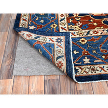 Load image into Gallery viewer, 9&#39;2&quot;x11&#39;8&quot; Space Cadet Blue, Densely Woven Extra Soft Wool, Hand Knotted With Large Centre Geometric Element, Natural Dyes With Carnelian Red Corners, Afghan Peshawar Serapi Heriz, Oriental Rug FWR519060
