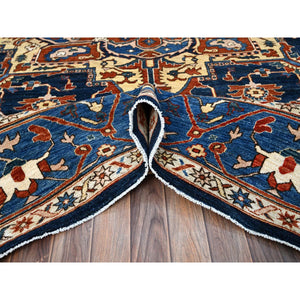 9'2"x11'8" Space Cadet Blue, Densely Woven Extra Soft Wool, Hand Knotted With Large Centre Geometric Element, Natural Dyes With Carnelian Red Corners, Afghan Peshawar Serapi Heriz, Oriental Rug FWR519060