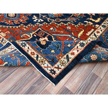 Load image into Gallery viewer, 9&#39;2&quot;x11&#39;8&quot; Space Cadet Blue, Densely Woven Extra Soft Wool, Hand Knotted With Large Centre Geometric Element, Natural Dyes With Carnelian Red Corners, Afghan Peshawar Serapi Heriz, Oriental Rug FWR519060