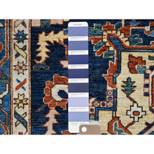 Load image into Gallery viewer, 9&#39;2&quot;x11&#39;8&quot; Space Cadet Blue, Densely Woven Extra Soft Wool, Hand Knotted With Large Centre Geometric Element, Natural Dyes With Carnelian Red Corners, Afghan Peshawar Serapi Heriz, Oriental Rug FWR519060